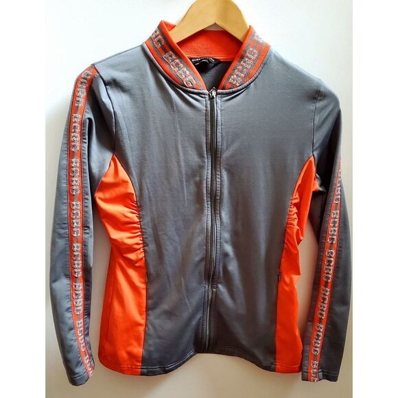 BCBG MAXAZRIA Track Jacket XS Activewear Puckered Zip Up Grey/Orange Logo Sleeve - Picture 1 of 8